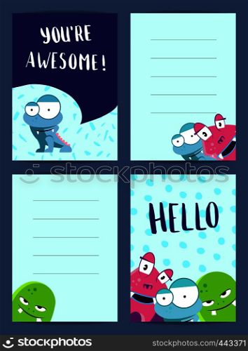 Vector vertical note cards banner poster set with pozitive writing, cute monsters on circles and blots backgrounds illustration. Vector vertical note cards set with pozitive writing, cute monsters on circles and blots backgrounds