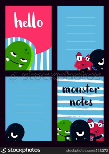 Vector vertical note cards set with cute monsters on brush stripes background. Colored banner illustration. Vector vertical note cards set with cute monsters on brush stripes background