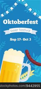 Vector vertical template banner invitation for Oktoberfest. Autumn beer festival illustration. Beer mug on blue background with traditional colors flags. Greeting card for social media.