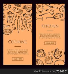 Vector vertical web banners of set illustration with hand drawn kitchen utensils. Vector banners illustration with hand drawn kitchen utensils