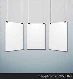 vector vertical white empty poster set suspended on office clamps mock up realistic shadow blank template isolated white grey background. vertical suspended poster set mockup