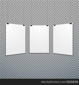 vector vertical white empty poster set suspended on office clamps mock up realistic shadow blank template isolated neutral light background. vertical suspended poster set mockup