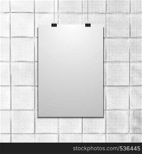 vector vertical white empty poster suspended on office clamps mock up realistic shadow blank template isolated dark square ceramic tile texture background. suspended poster mockup wall texture