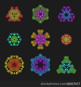 vector vibrant colourful abstract sacred geometric futuristic hexagonal mandalas design elements set&#xA;