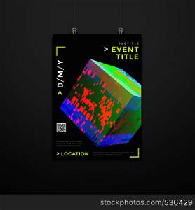 vector vibrant gradient pixel colors glitch cubic shape dynamic modern poster design trendy brochure mockup invitation flyer layout minimal creative suspended poster template on dark wall background. abstract vector background poster design