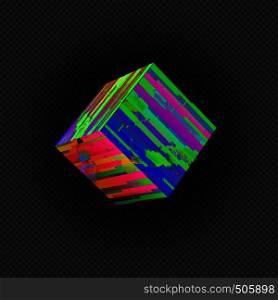 vector vibrant various colors square modern art graphic cubical design element glitch abstract digital damaged data file error on transparent dark background. vibrant abstract glitch design element