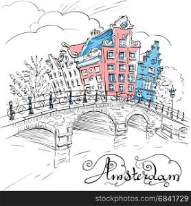 Vector view of Amsterdam canal and bridge. Vector city sketch of Amsterdam canal, bridge and typical houses, Holland, Netherlands.