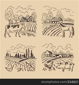 Vector village and big field. Landscape with farming and animals. Set of for illustrations in retro style. Village landscape with farm animals. Vector village and big field. Landscape with farming and animals. Set of for illustrations in retro style