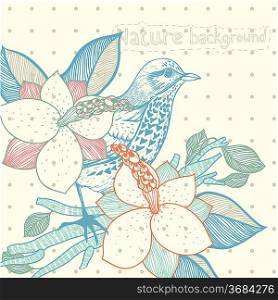 vector vintage background with a blue bird and blooming magnolia