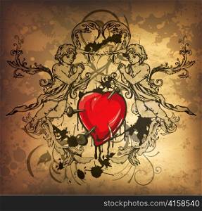 vector vintage background with angels and heart