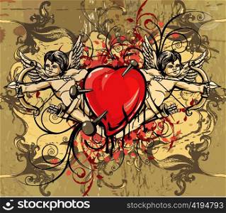 vector vintage background with heart and angels