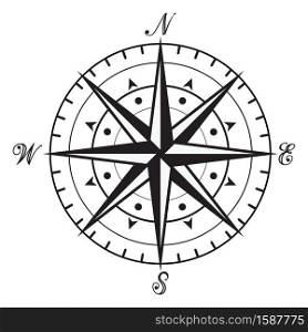 vector vintage black and white compass isolated on white background. maritime map icon. north, south, east and west wind-rose arrow directions. adventure symbol