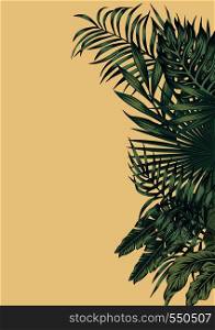Vector vintage card trendy invitation right template design with green palm, banana tropical leaves on the beige background. Botanical illustration
