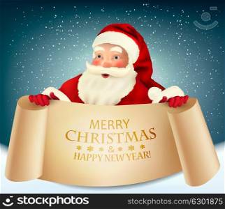 Vector vintage Christmas greeting card with Santa Claus holding a a paper signboard.