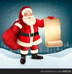 Vector vintage Christmas greeting card with Santa Claus holding a sack full presents and a signboard.