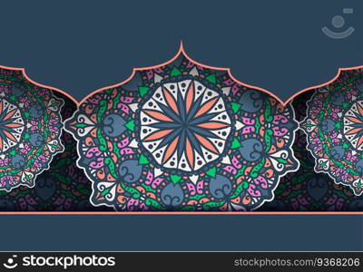 Vector vintage decor, ornate seamless borders and round mandala. Vignettes with arches, rosettes, floral elements. Eastern style design. Ethnic decoration. Indian, Pakistani, Turkish, Arabic motifs.