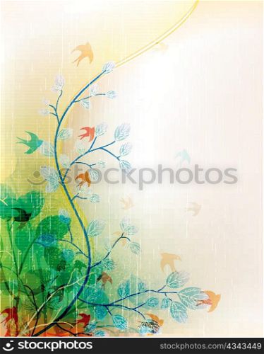 vector vintage floral background with flock of birds