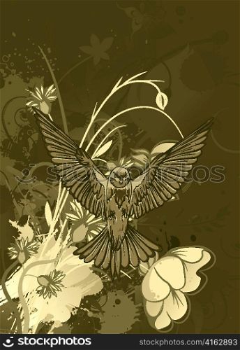 vector vintage floral background with hummingbird