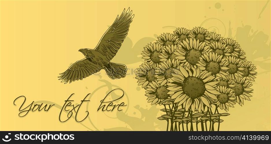 vector vintage floral background with raven