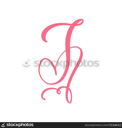 Vector Vintage floral monogram letter J. Calligraphy element heart logo Valentine card flourish frame. Hand drawn Love sign for page decoration and design illustration.. Vector Vintage floral monogram letter J. Calligraphy element heart logo Valentine card flourish frame. Hand drawn Love sign for page decoration and design illustration