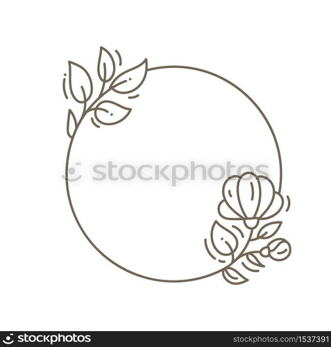 Vector vintage frame in trendy linear frame for florist shops and organic cosmetics, monogram design template with copy space for text with leaves and flowers and circle background.. Vector vintage frame in trendy linear frame for florist shops and organic cosmetics, monogram design template with copy space for text with leaves and flowers and circle background