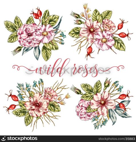 Vector vintage graphic collection of wild rose bouquets. Decorative floral isolated elements. Hand drawn flowers posy set for invitation, greeting, Save the Date, birthday card.