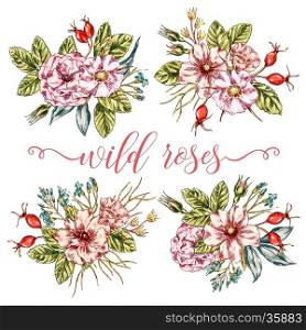 Vector vintage graphic collection of wild rose bouquets. Decorative floral isolated elements. Hand drawn flowers posy set for invitation, greeting, Save the Date, birthday card.