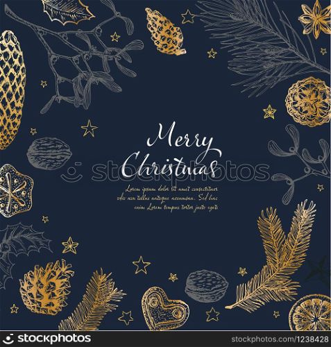 Vector vintage hand drawn Christmas card template with various seasonal shapes - ginger breads, mistletoe, cone, nuts - dark version. Infographic Timeline Template with photos