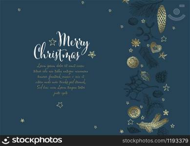 Vector vintage hand drawn Christmas card with various seasonal shapes - ginger breads, mistletoe, cone, nuts - dark blue version
