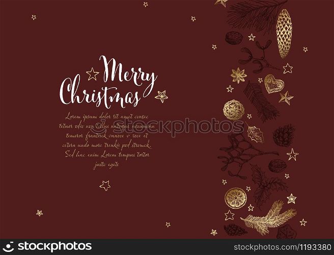 Vector vintage hand drawn Christmas card with various seasonal shapes - ginger breads, mistletoe, cone, nuts - dark red version
