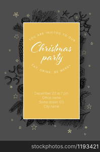 Vector vintage hand drawn Christmas party invitation template with various seasonal shapes - ginger breads, mistletoe, cone, nuts - dark version