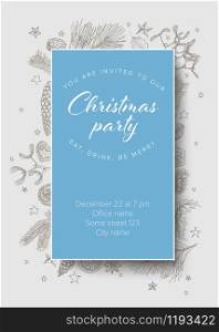 Vector vintage hand drawn Christmas party invitation template with various seasonal shapes - ginger breads, mistletoe, cone, nuts