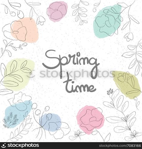 Vector vintage label with hand-draw flowers and herbs. Organic plants sketch background.