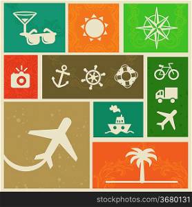 Vector vintage labels with travel signs and symbols - retro design elements