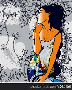 vector vintage lady with floral background