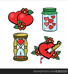 Vector vintage logos about love. Happy Valentine&rsquo;s day! Glass jar filled with hearts, heart pierced with a knife, two hearts, heart&rsquo;s bleeding out in the hourglass.