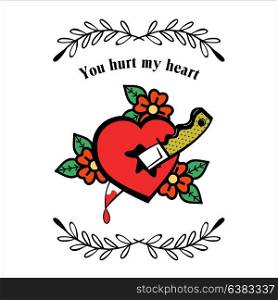 Vector vintage logos about love. Happy Valentine&rsquo;s day! Heart pierced with a knife. You hurt my heart!