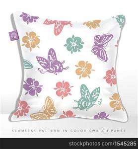 Vector Vintage or Classic Seamless Butterfly & Floral Pattern Cushion in Pastel Colors.