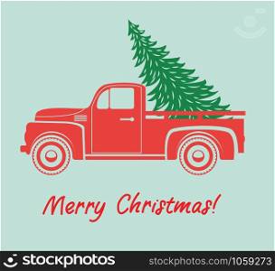 vector vintage pickup truck delivery of christmas tree. old red car with holiday fir tree and set of extra trees for retro cards, happy new year and merry christmas illustrations. red retro truck