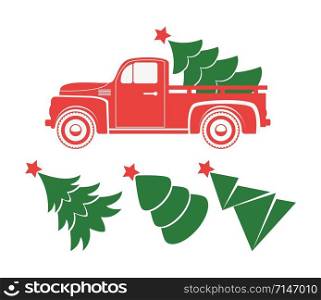 vector vintage pickup truck delivery of christmas tree. old red car with holiday fir tree and set of extra trees for retro cards, happy new year and merry christmas illustrations. red retro truck