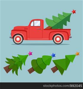 vector vintage pickup truck delivery of christmas tree. old red car with holiday fir tree and set of extra trees for retro cards, happy new year and merry christmas illustrations