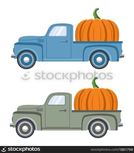 vector vintage pickup truck delivery of pumpkin for thanksgiving day isolated on white background. old blue and green car with big pumpkin for happy thanksgiving day illustrations