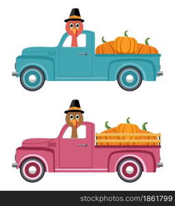 vector vintage pickup truck delivery of pumpkins and turkey for thanksgiving day isolated on white background. old blue and green car with big pumpkin for happy thanksgiving day illustrations