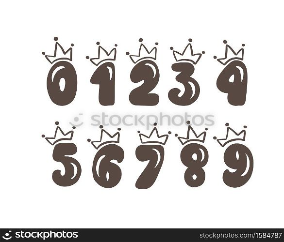Vector Vintage Plump Set numbers with crown. Princess element font logo. Valentine hand drawn alphabet signs for page decoration and design illustration. For greeting card, wedding or invitation.. Vector Vintage Plump Set numbers with crown. Princess element font logo. Valentine hand drawn alphabet signs for page decoration and design illustration. For greeting card, wedding or invitation
