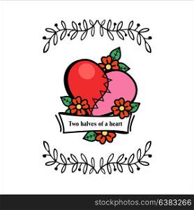 Vector vintage postcard Declaration of love. For Valentine&rsquo;s day. Heart stitched from two halves.