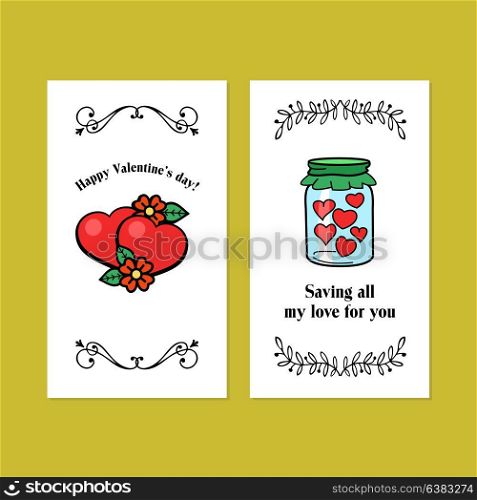 Vector vintage postcard Declaration of love. For Valentine&rsquo;s day. Glass jar filled with hearts. Save my love for you. Happy Valentine&rsquo;s Day!