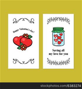 Vector vintage postcard Declaration of love. For Valentine&rsquo;s day. Glass jar filled with hearts. Save my love for you. Happy Valentine&rsquo;s Day!
