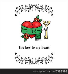 Vector vintage postcards about love. On Valentine&rsquo;s Day. The heart holds the Golden key. The key to my heart.