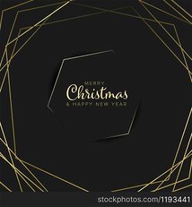 Vector vintage retro christmas label on black background with golden lines. Christmas flyer card template with golden elements