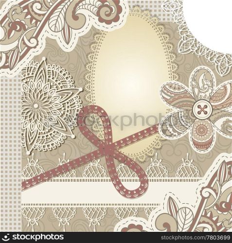 vector vintage scrap template design, clipping mask, elements can be used separately, includes photo frame, baw, flower, laces, buttons, and paisley elements